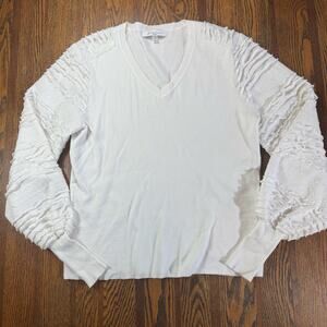 Sioni Milano Women’s White V-Neck Ruffled Ruched Sleeve Knit Sweater Size M